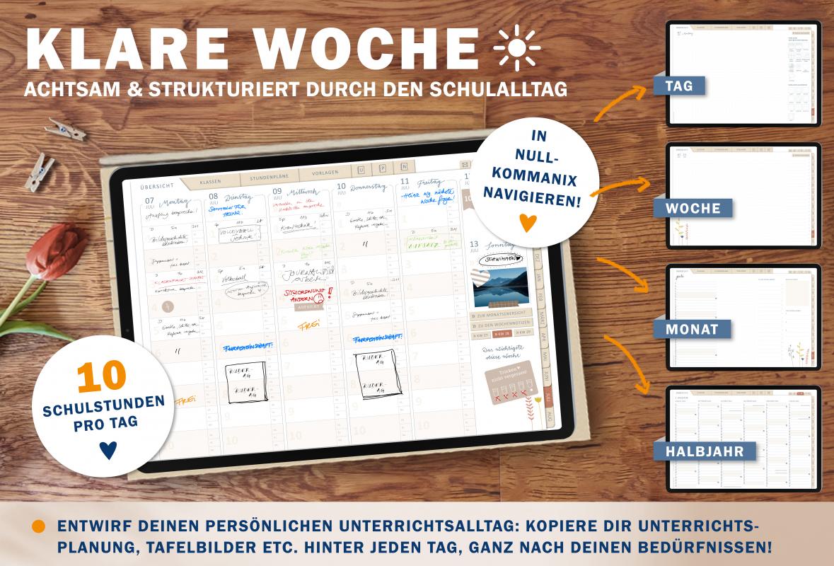 Detailansicht Wochenplanung, digitaler Lehrerkalender 2024 2025 mit extra Notizseiten für jeden Tag und jede Woche